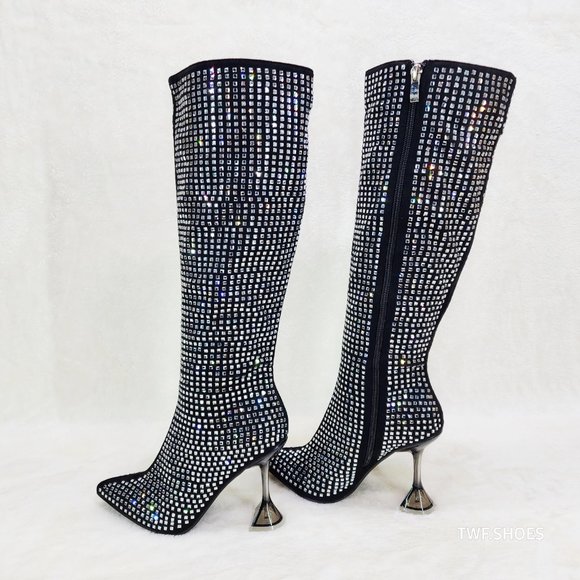 Mata Shoes Shoes - Glamour Shot Mirror Rhinestone Tinted 4" Pyramid Heel Knee High Boots Black